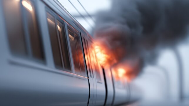 Train caught in a dramatic fire incident with smoke billowing from windows, showcasing a tense and dangerous transportation scenario