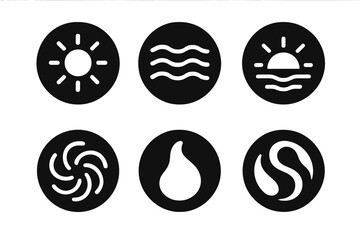 Obraz premium Mindful Nature Icons. Solid style round vector icons of mindful nature: bright sun, soft waves, horizon glow, rhythmic motion,