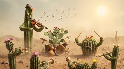 Surreal desert scene with anthropomorphic cacti playing musical instruments absurd botanical orchestra whimsical performance