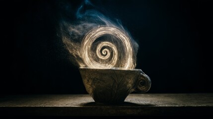 longevity. Vintage coffee cup with an infinite glowing spiral, symbolizing longevity and ritual. bar promotions, beverage menus, designed for food & beverage menus and cafe branding.
