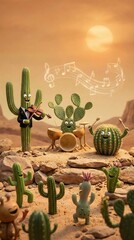 Surreal desert scene with anthropomorphic cacti playing musical instruments absurd botanical orchestra whimsical performance