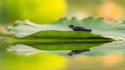 supine. A frog basking on a lily pad floating on a calm sunlit lake. wildlife magazines, conservation campaigns, designed for eco-tourism storytelling, supports conservation.
