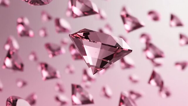 Sparkling pink diamonds falling and rotating in a mesmerizing display of luxury and elegance.