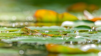 supine. A frog basking on a lily pad floating on a calm sunlit lake. wildlife magazines, conservation campaigns, designed for eco-tourism storytelling, supports conservation.
