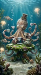 Whimsical octopus hosting elegant tea party underwater with fancy hats and floating teacups surreal scene