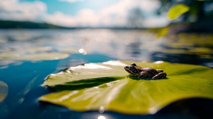 supine. A frog basking on a lily pad floating on a calm sunlit lake. wildlife magazines, conservation campaigns, designed for eco-tourism storytelling, supports conservation.
