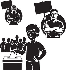 A determined man holding a blank sign within a circular monochrome graphic design