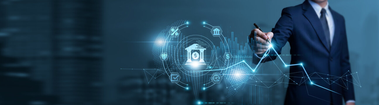 Businessman touches banking data chart with pen and performs evaluation on online banking platforms, digital transactions, fintech solutions, and secure financial operations.