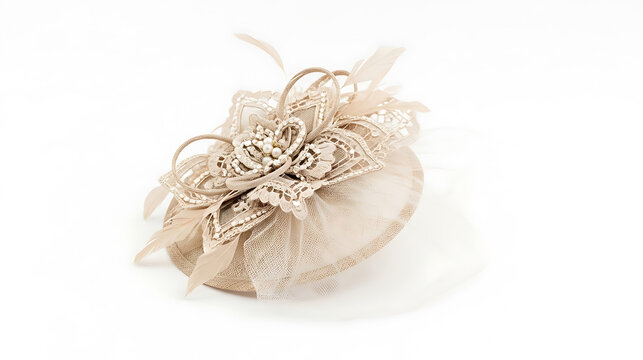 Exquisite beige fascinator with delicate lace, pearls, and feathers, a sophisticated headpiece.