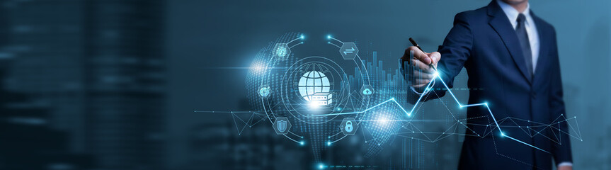 Businessman touches hosting data chart with pen and performs evaluation on web hosting services,...