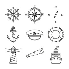 Nautical Line Icons Set &ndash; Marine Navigation, Ship & Ocean Symbols