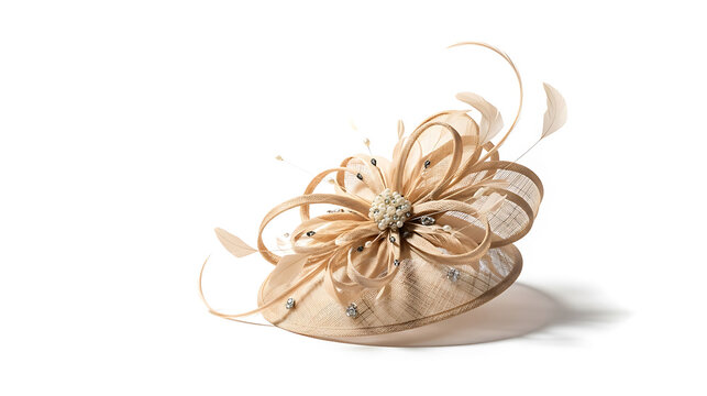 Glamorous beige fascinator featuring intricate floral details, feathers, and sparkling embellishments.