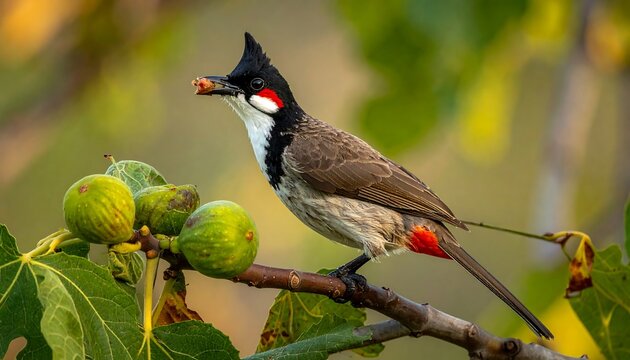 Red-whiskered bulbul on branch, perched next to green figs, eating a berry against a blurred foliage backdrop