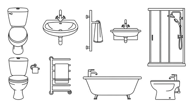 Clean Flat Bathroom Fittings Vector Set for CAD Drawings and Architectural Plans