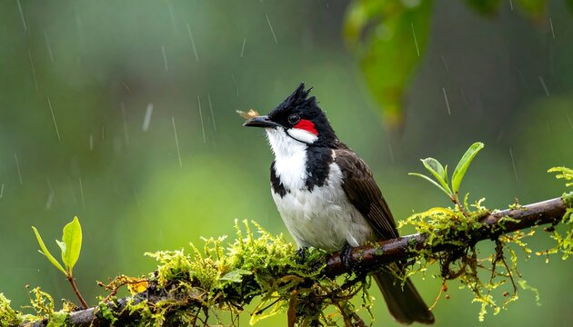 Red-whiskered bulbul perched on a mossy branch in a rain shower amidst lush green foliage