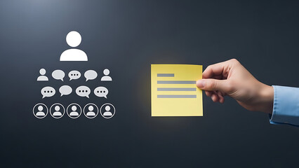 A person holding a document with icons representing people and connections in the background on a dark grey