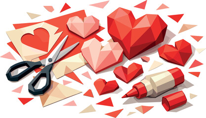 DIY Valentine Crafting. Low-poly vector illustration focused on DIY Valentine theme, polygonal geometric style with sharp
