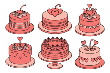 A collection of beautifully decorated pink cakes with hearts and cherries on top for a special celebration