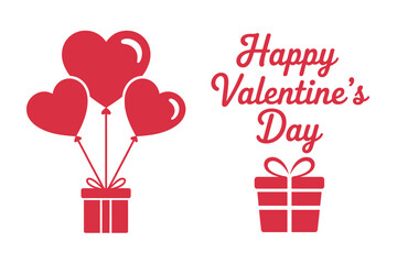 A festive Valentine's Day graphic with heart-shaped balloons and gifts on a white background