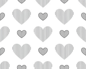A seamless pattern of hand-drawn hearts in various line styles on a white background