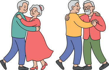 A cartoon illustration of elderly couples dancing together in a joyful and playful manner.