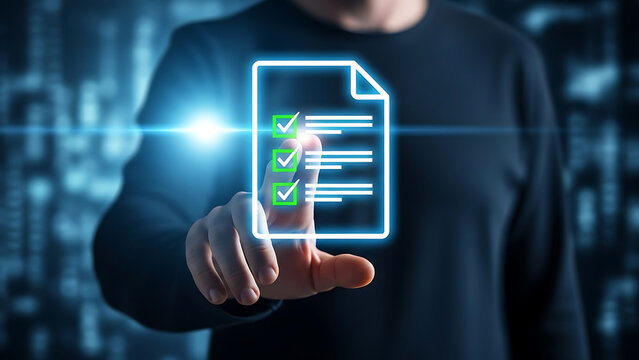 A futuristic businessman interacting with a digital document projection - Powered by Adobe