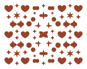 A collection of brown heart and star stickers on a white background