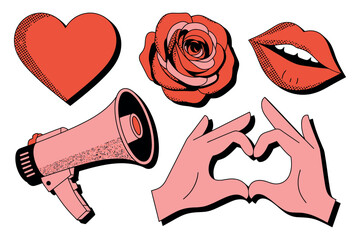 A graphic illustration of love and communication symbols including a heart, rose, lips, megaphone, and hands making a heart shape.