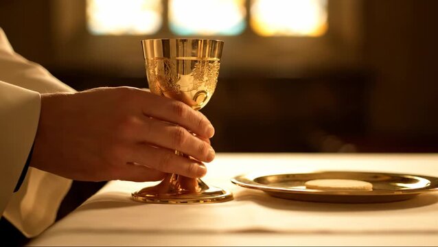 Close-up of a priest's hands holding a golden chalice and host during a religious ceremony.