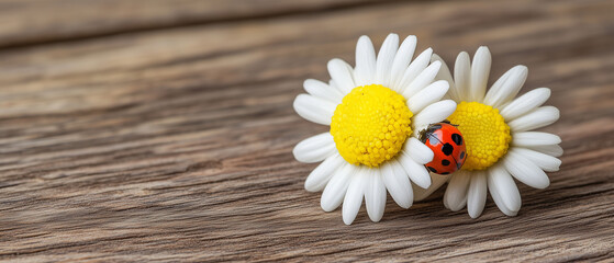 Obraz premium Close-up of a red ladybug resting on white daisies against a rustic wooden background. Concept of spring, simplicity, harmony with nature, and natural beauty.