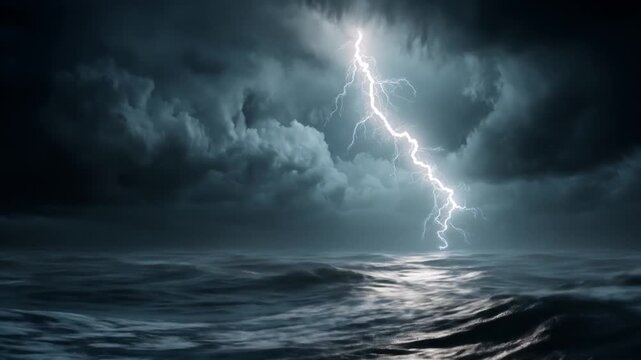 Dramatic lightning strike over ocean waves stormy weather concept