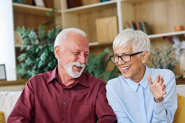 Portrait of senior couple having fun playing video games at home