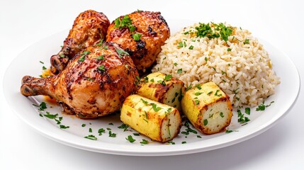 Delicious roasted chicken legs plated with rice and golden fried yucca, garnished with fresh parsley, presented beautifully on a clean white background for dinner.