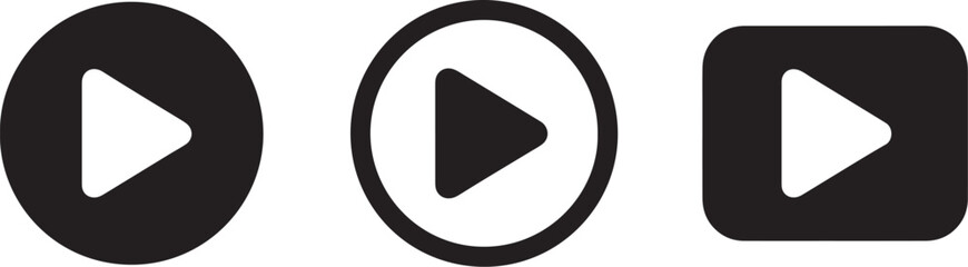 Three black and white play button with different shapes and borders also transparent background circle