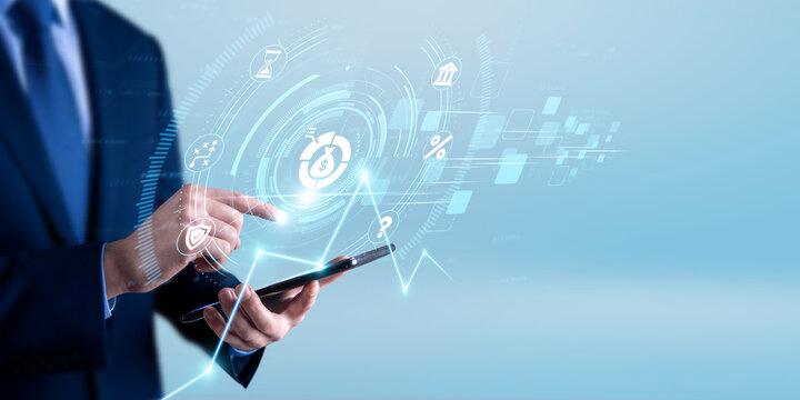 Investment professional using the tablet and analyzing investment performance data. financial growth strategy, portfolio analysis insights, capital allocation planning, wealth management analytics