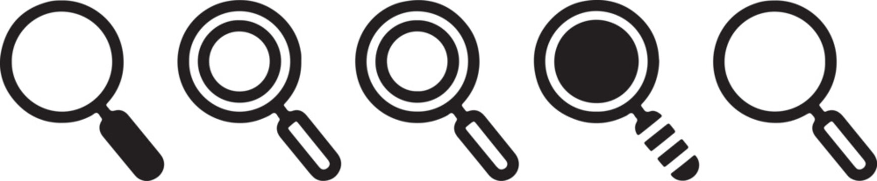 Five magnifying glasses with different lens patterns and handles in a row on a white background also transparent background