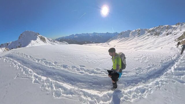 Man Walking on Snow in Val Barthelemy, Porliod, Aosta Valley