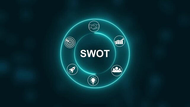 Neon Circle Diagram with SWOT concept. Digital Icons Illustrating Modern Technology Applications in Business and Industry. Business, Technology, Internet and network concept.