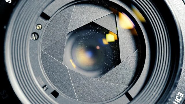 Close-up of Camera Lens Aperture Blades with Reflected Light
