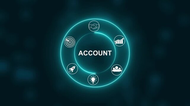 Glowing Neon Circle with Business Icons and the Word ACCOUNT concept with Digital Icons Illustrating Modern Technology Applications in Business and Industry. Business, Technology, Internet