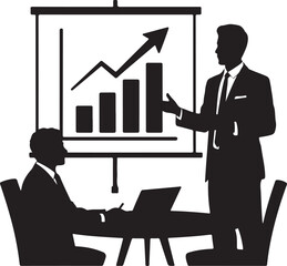Two businessmen in suits discussing a graph on a presentation board