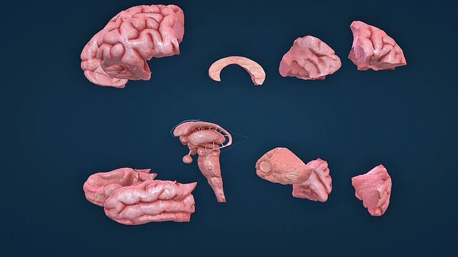 Parts of the human brain including cerebrum, cerebellum, brainstem, lobes, and major structures.