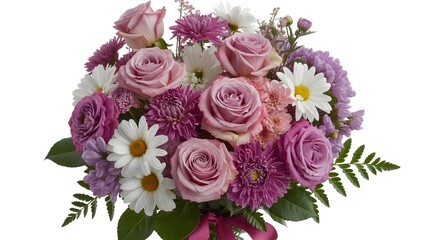 Beautiful flower bouquet with purple roses, white daisies, and chrysanthemums isolated on white background