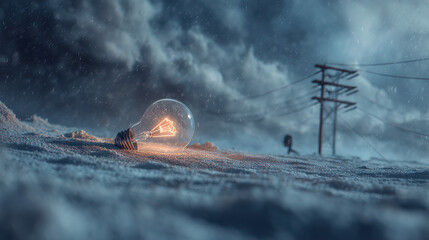 Illuminated Idea Amidst a Storm: A lone, glowing light bulb rests against a backdrop of a raging storm, showcasing resilience, perseverance, and innovative concepts.