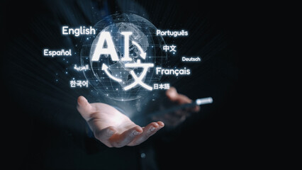 Obraz premium Global communication with multiple languages, digital translation tools, multilingual technology, cross-cultural communication, and virtual language learning environments. Elide