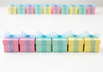 Row of colorful polka dot gift boxes with ribbons on white background. Pastel presents for birthday or holiday celebration. Copy space for text