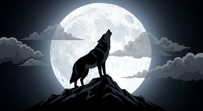 Wolf Howling at Full Moon Night.