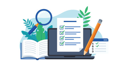 Digital Study Tools: Laptop, Checklist, Book, Pencil and Magnifier for Organized Learning and Productivity Workspace © Yekes Peodn