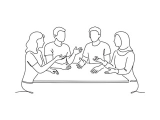 Group of Four People Engaging in Conversation Sitting at a Table