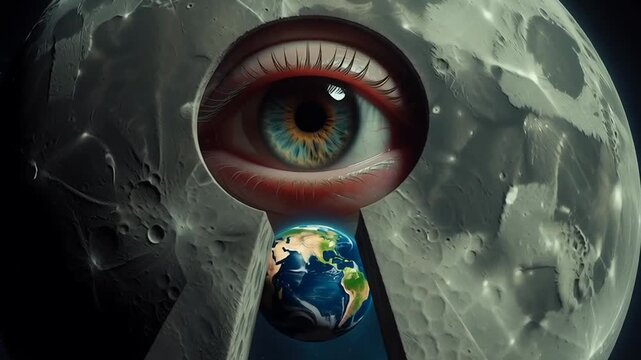 Surreal vision: eye in moon peering at earth